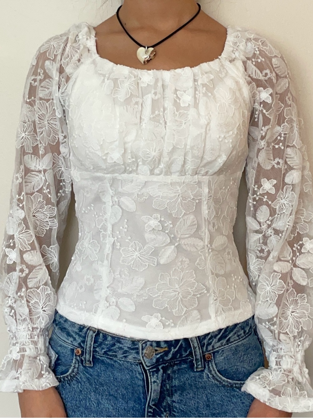 Whimsical Fairy Milkmaid White Lace Puff-Sleeve Top